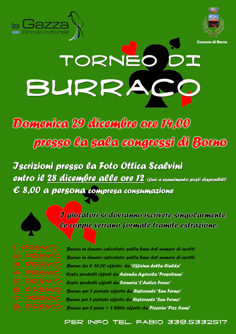 29 dicembre 2019 ore 14.00 sala congressi a Borno: torneo di Burraco