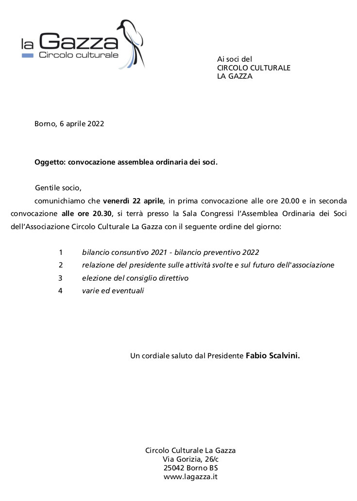 22 aprile 2022: convocazione assemblea soci