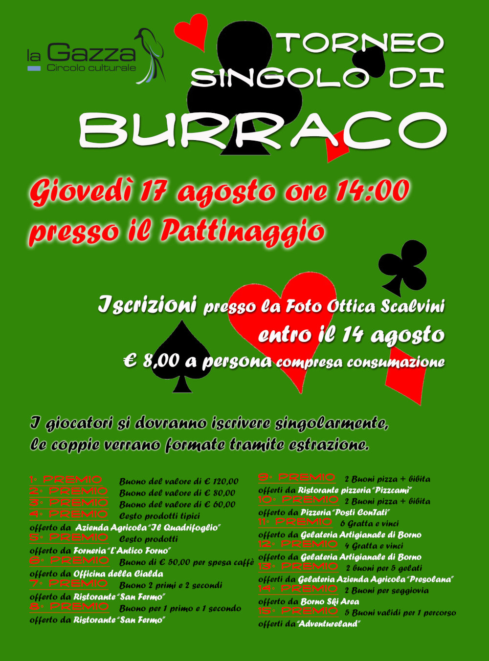 giovedì 17 agosto 2023: torneo di burraco borno