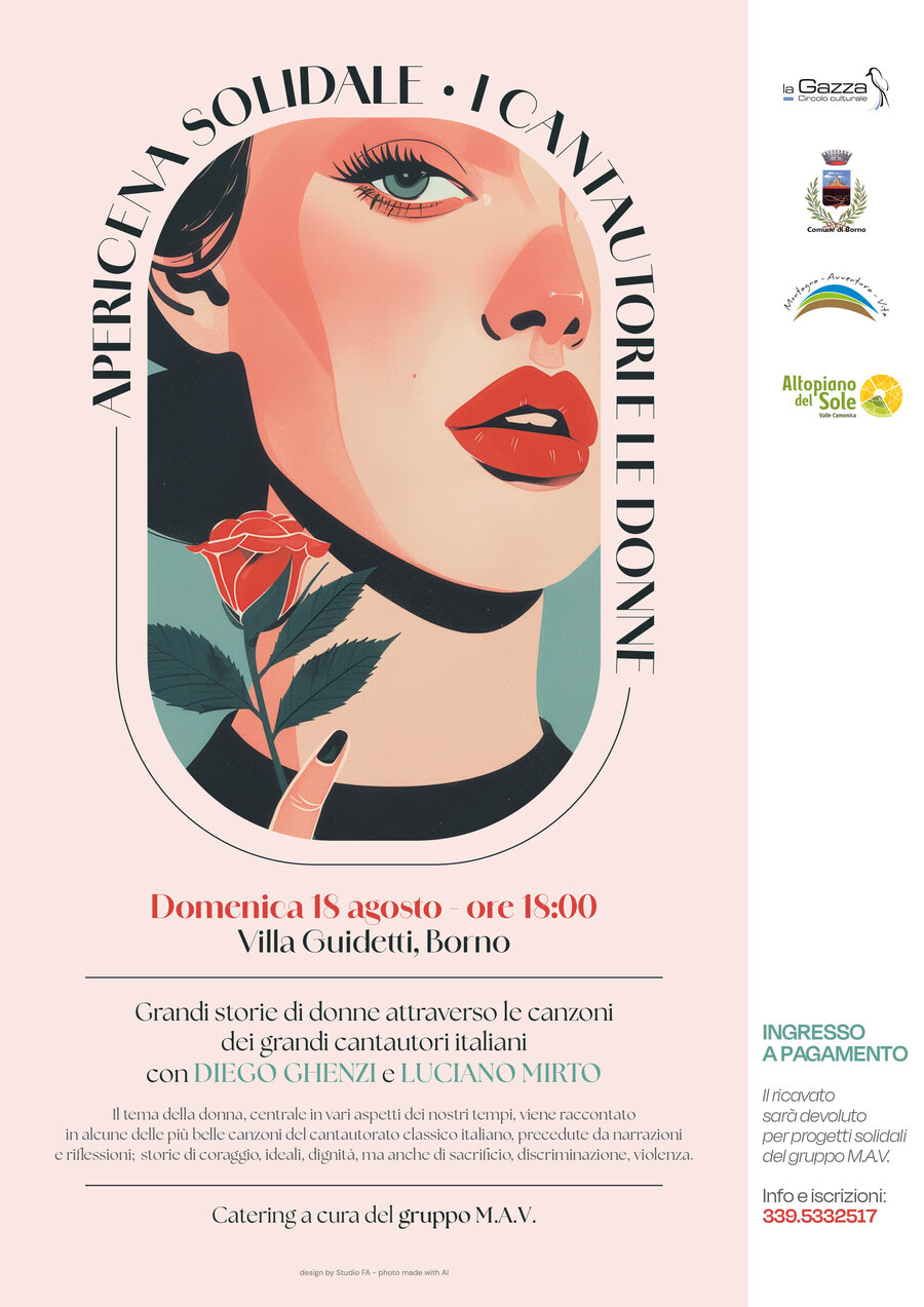 18 agosto 2024 ore 18.00 Villa Guidetti - Borno: Apericena solidale - I cantautori e le donne