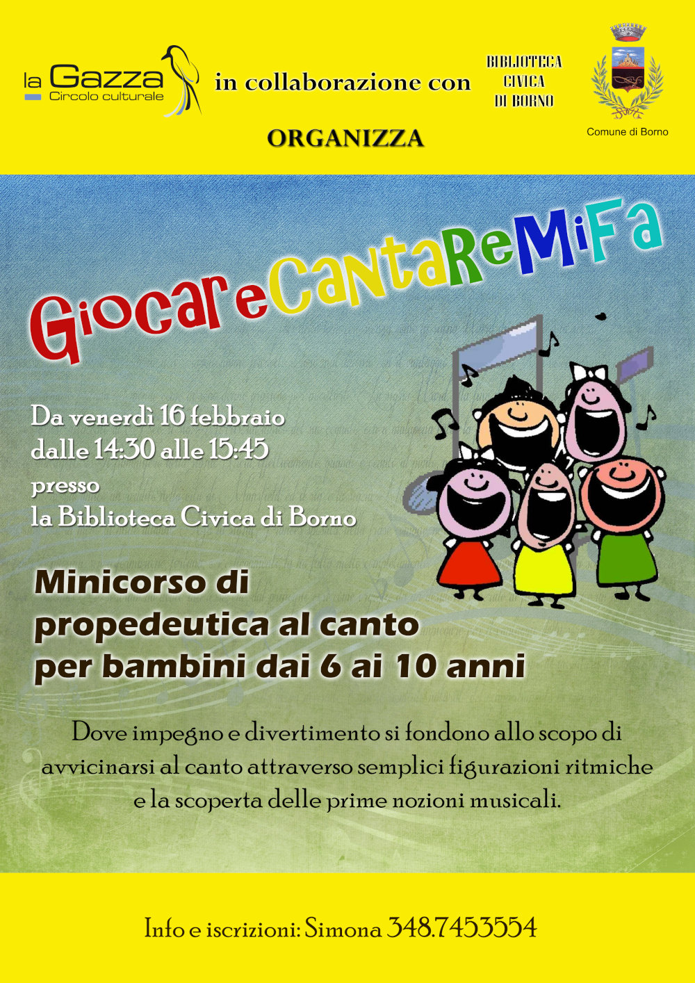 dal 16 febbraio 2024 ore 14.30 presso la biblioteca di Borno: minicorso di canto per bambini