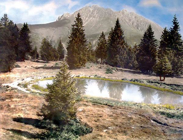 Stagno del Plano del Citates. In le fundo le roccas vertical de Sancte Fermo. (photo Simone Magnolini)